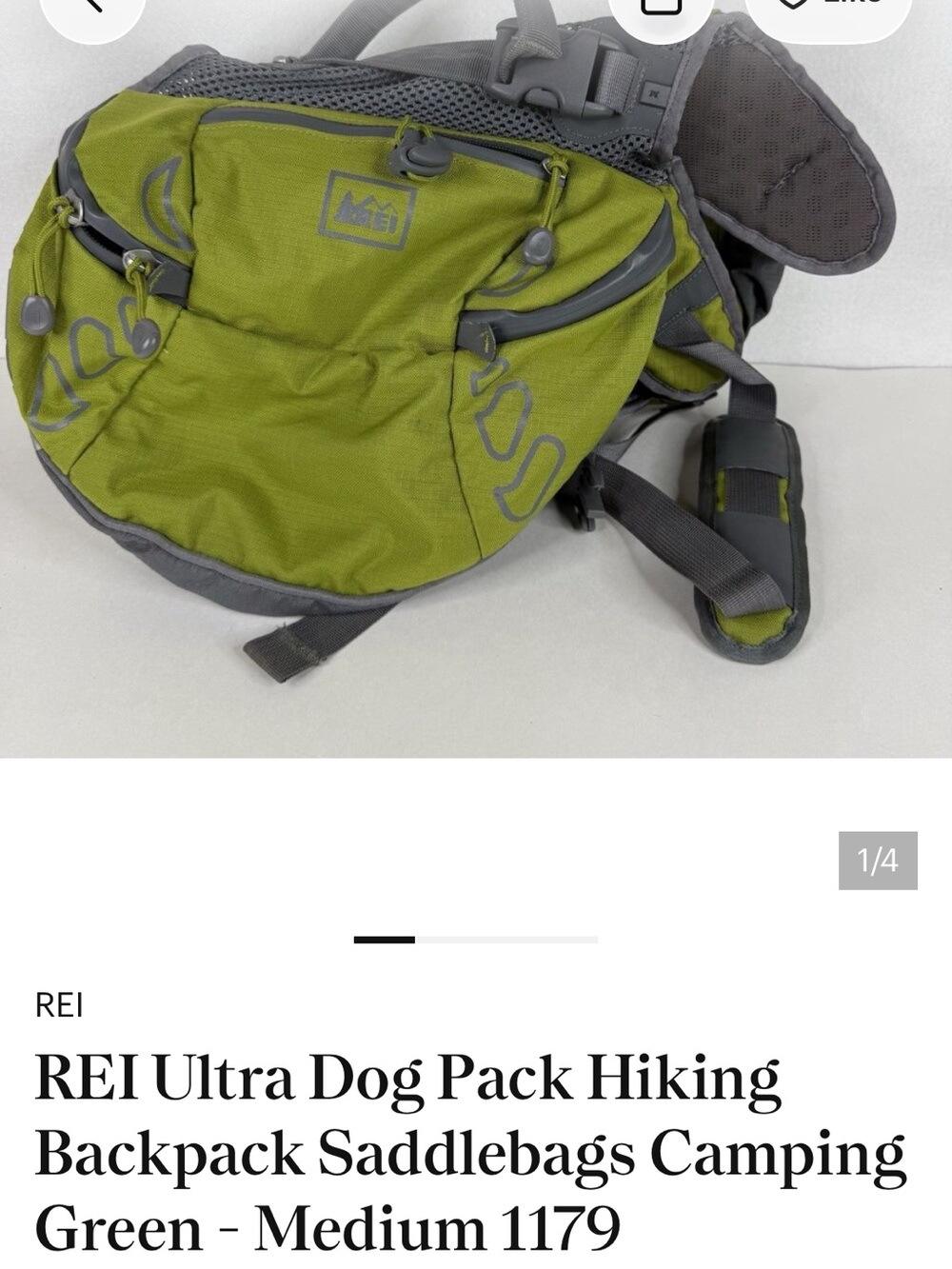 REI Olive Green Dog Saddlebag Pack with Gray Trim